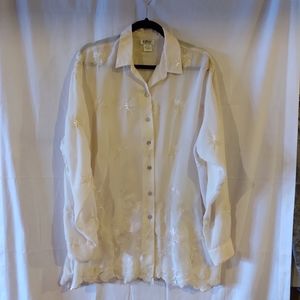 HW New York Women's Cream Sheer Dressy Button Down Blouse Size L